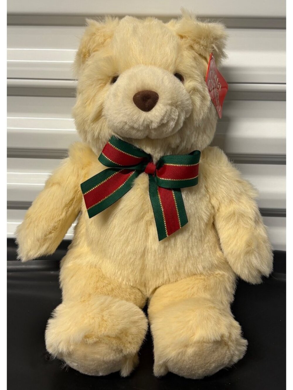 Vintage Gund Beige Plush Teddy Bear Named Max With Green & Red Ribbon Bow 4563